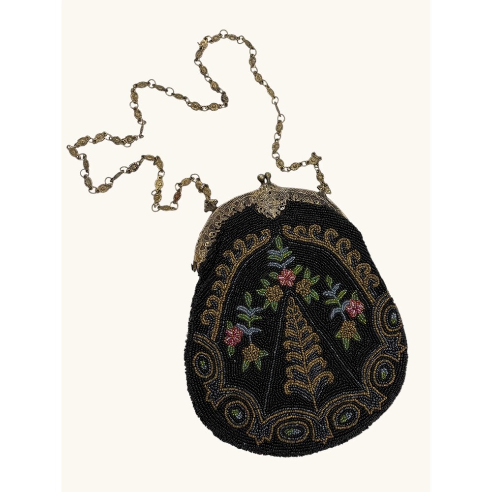 Whiting & Davis Vintage Beaded Floral Evening Bag Black Gold Brass Kiss Lock